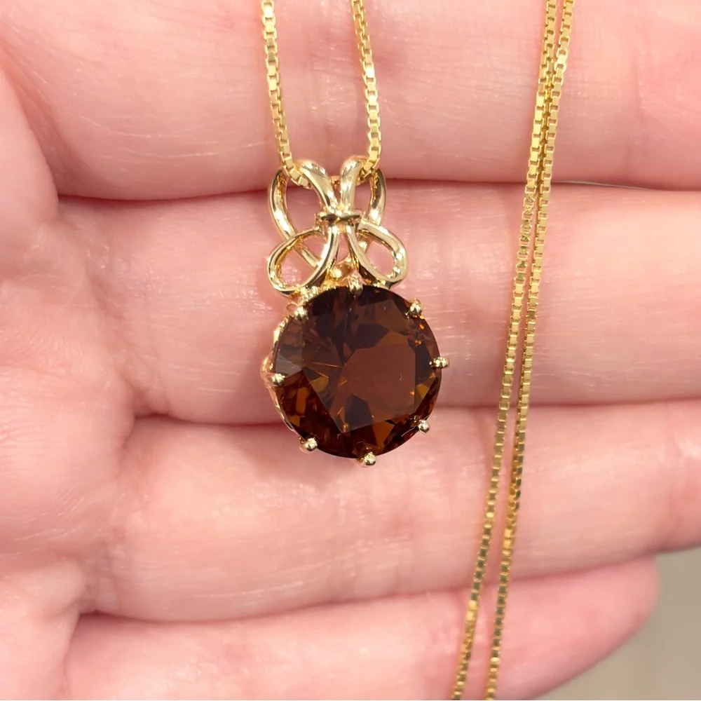 Vintage 14K Gold Smoky Quartz Pendant Necklace: Filigree Bow, Star Cut - Picture 4 of 10